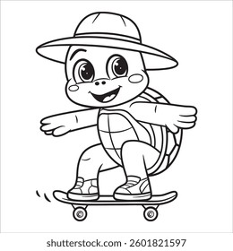 Cute Turtles skateboarding activate for kids and adults coloring page and vector illustration 
