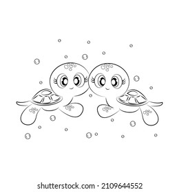 Cute turtles swim in the water with bubbles, sketch of turtles, outlines on a white background. Easy coloring book for kids, Happy animals, beautiful illustration, black and white vector cartoon for