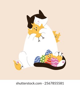 Cute tuxedo cat cuddling yellow chicks and surrounded by colorful Easter eggs in flat style. Perfect for spring, Easter themed design and holiday decoration.