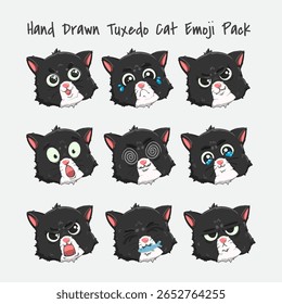 Cute tuxedo cat emoji set with 9 kawaii expressions. Flat colorful vector illustration for stickers, icons, pet designs, and children’s clipart.