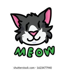 Cute tuxedo cat face with meow text clipart. Hand drawn pet kitty animal. Fun typography feline mammal doodle in flat color. Isolated fauna, kawaii, striped Vector EPS 10. 