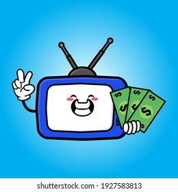cute tv cartoon mascot character funny expression holding money with peace gesture