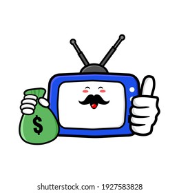 cute tv cartoon mascot character funny expression holding money pouch with tumb up