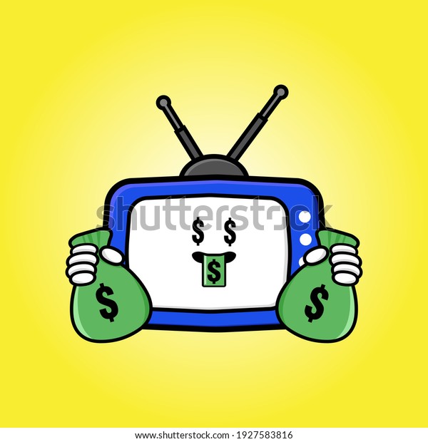 cute tv cartoon mascot character\
funny expression with money eye and holding money\
pouch