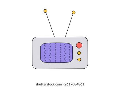 Cute кetro TV icon.  A small old-school TV with antennas, classic nostalgic movie sticker. 