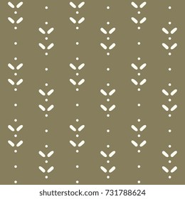 Cute twigs allover motif mistletoe pattern. Geometric floral seamless ornament. White and gold retro colors print block. Simple vector graphic design for interior textile, fabric cloth, gift wrapping.