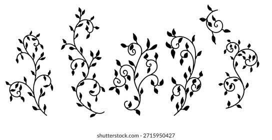 Galhos e folhas bonitos. Ilustração vetorial. Desenho simples de folhagem de primavera, conjunto de silhuetas isoladas sobre fundo branco. Adequado para impressão em têxteis, papel scrapbooking, capas e cartões.