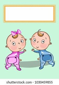 cute twin  baby cartoon illustration and text banner and green illustration