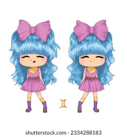 cute twin chibi gemini zodiac ilustration