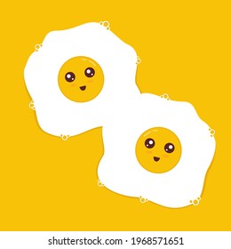 Cute Twin Eggs Mascot Character. Kawaii Egg Vector Illustration Isolated On Yellow Background. Funny Breakfast Story.