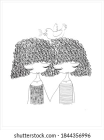 cute twin girls vector illustration. Black on white background. Happiness, beautiful, cute, simple, art illustration.