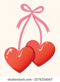 Cute twin hearts with ribbon bow, Love decoration design, Celebrate of love concept.