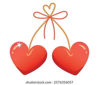 Cute twin red hearts with ribbon bow, Love decoration design, Celebrate of love concept.