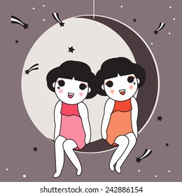 Cute Twin Sisters on the Moon set
