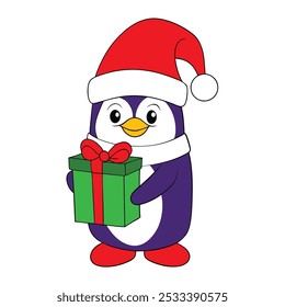 Cute Twinkle the Penguin Wearing Santa Hat with Gift