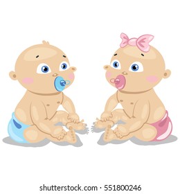 Cute twins baby boy and girl in blue and pink diapers with pacifiers. Vector illustration on white background.