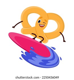 Cute twisted pretzel food character on surfboard cartoon illustration. Funny surfer, enjoying outdoor activity. Summer, extreme water sport concept