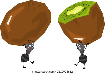 Cute two ants carrying a funny kiwis
