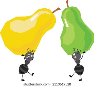 Cute two ants carrying a funny pears
