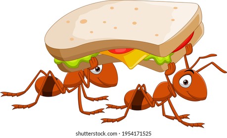 Cute two ants carrying a sandwich