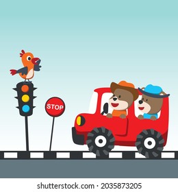 Cute two bear Happy Trip funny animal cartoon,vector illustration. Vector childish background for fabric textile, nursery wallpaper, card, poster and other decoration. Vector illustration.