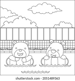 Dos osos cortos en el anillo de natación. Concepto de verano diseño de personajes de dibujos animados animales, diseño infantil para niños actividad libro de colorear o página.