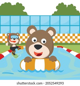 Cute two bear in swimming ring. Summer concept animal cartoon character design ackground, Can be used for t-shirt print kids wear fashion design, fabric textile, nursery wallpaper and other decoration