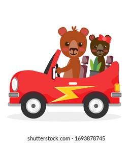 adorable ilustración de dos osos con camión rojo dibujado como vector de la estampa de bebé, diseño de tela, caricatura divertida 