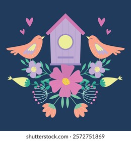 Cute two birds, flowers, birdhouse, hearts. Vector illustration.