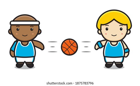 cute two boys playing basketball passing. design isolated on white background.