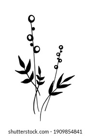 Cute Dos ramas con hojas y flores redondas dibujadas a mano. Flores al estilo de doodle. Ilustración vectorial. Adecuado para postales, bodas, íconos, pegatinas. Aislado sobre fondo blanco. 