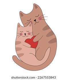 Cute two brown striped cats in love with a heart in their paws. Cats hugging. Romantic Valentines Day vector illustration for greeting card or poster.