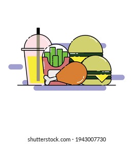 Cute two burger, soft drink, french fries Illustration, wallpaper. modern simple food vector icon, flat graphic symbol in trendy flat design style.