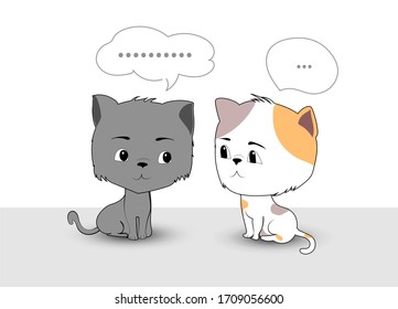 Cute two cartoon cats talking together on white background.
