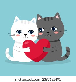 Cute two cats hugging red heart together in flat design. Valentine’s Day concept.