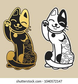 Cute two cats maneki neko. Vector illustration in oriental style