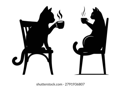 Cute two cats sitting on chairs and drinking coffee silhouette vector illustration isolated on white background. Funny feline cafe concept