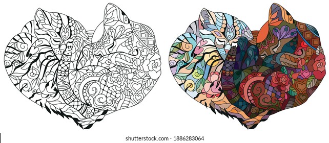 Cute two cats sleeping in shape heart  For t  shirt design  adult coloring book  coloring page   print other things