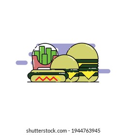 Cute two cheese burger, hotdog, french fries Illustration. modern simple food vector icon, flat graphic symbol in trendy flat design style.