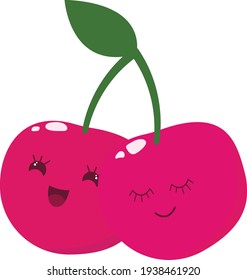 Cuídate dos cerezas. Gracioso carácter de fruta. Emociones. Emoticon de frutas. Kawaii. Ilustración plana vectorial.