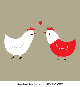 Cute two chickens with red heart in pastel grey background