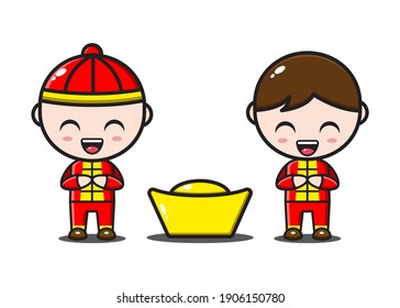 cute two chinese boy with gold in chinese new year
