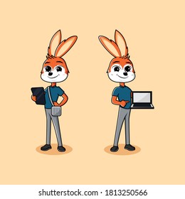 cute of two cool rabbits holding a tablet and laptop. suitable for icon, character, and sticker