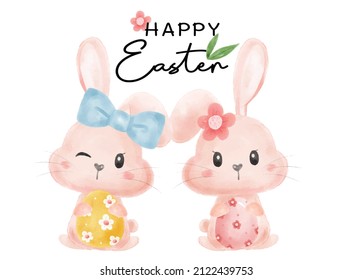 Cute Two Couple Bunny Rabbit Girl And Boy Smile Hug Easter Eggs Nursery Baby Cartoon Watercolour Vector, Happy Easter