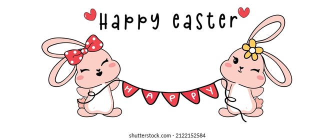 Cute two couple Happy Easter adorable bunny rabbit holding happy flag banner cartoon drawing outline vector