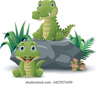 Cute two crocodiles cartoon on the stone