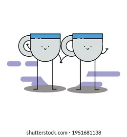 Cute two cup of tea hold hand Illustration. modern simple food vector icon, flat graphic symbol in trendy flat design style. Food character.