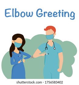 Cute two doctors wearing the stethoscope on neck are standing and elbow bumps, greeting.Flat vector design illustration concept for social distancing  on corona virus outbreak 
