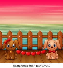 Cute two dogs bite heart in the seaside landscape