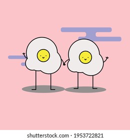 Cute  two egg hold hand Illustration. modern simple food vector icon, flat graphic symbol in trendy flat design style. Food character.
